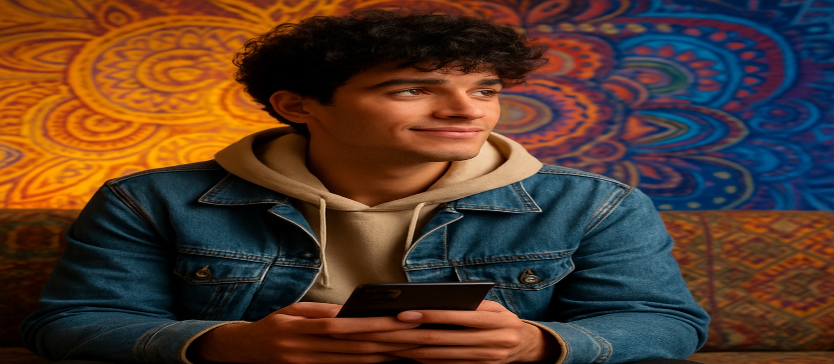 একজন ব্যক্তি db333 অ্যাপটি স্মার্টফোনে খুলে সোফায় আরাম করে বসে ব্যবহার করছেন